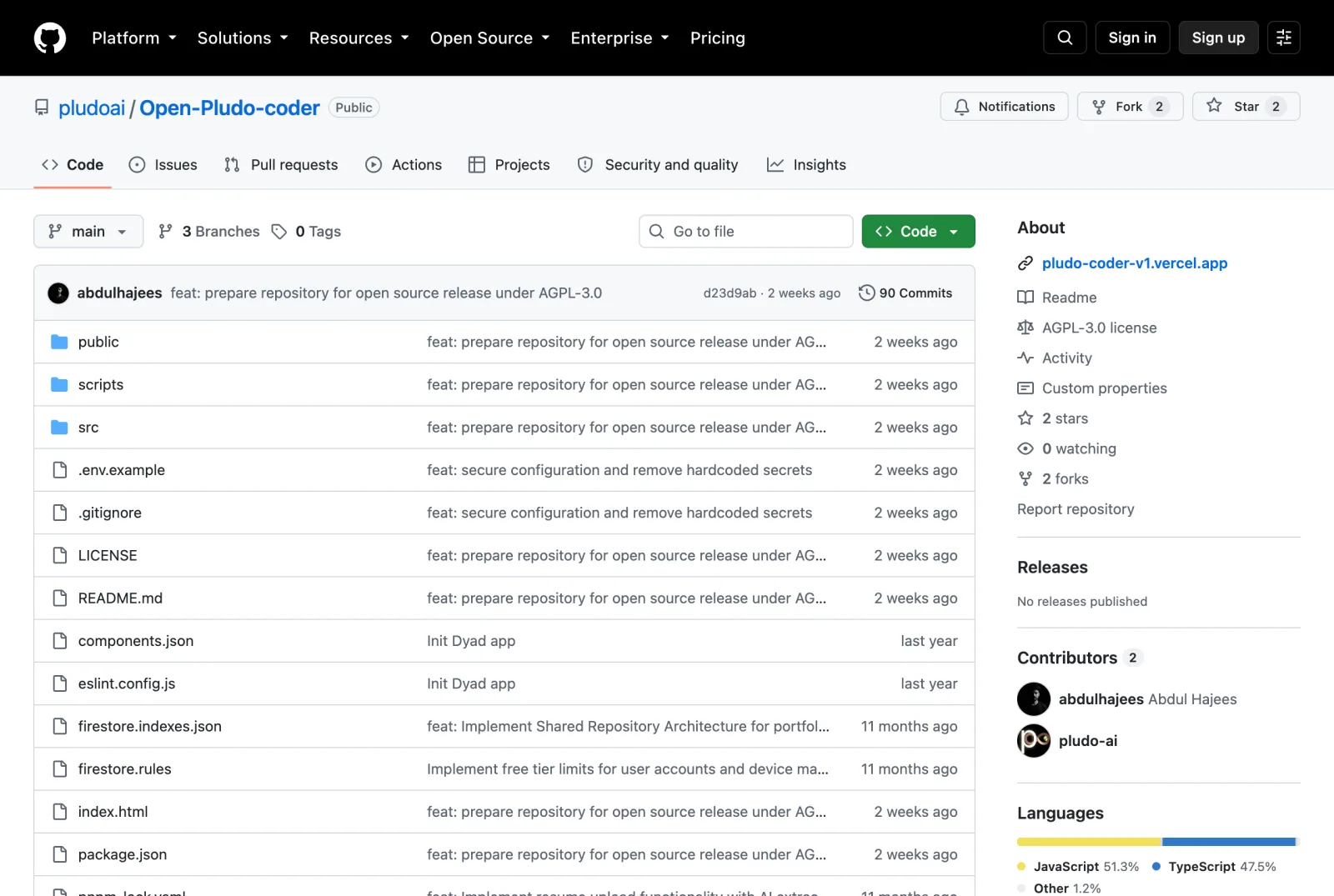 The Open-Pludo-coder repository on GitHub, licensed under AGPL-3.0